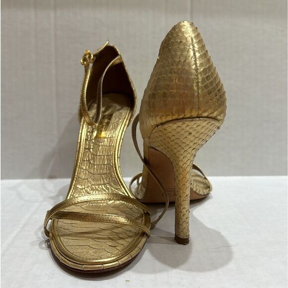 BCBGMaxAzria Gold Snakeskin Leather Heels US 8 38 Strappy Sandals Stilletos - Picture 1 of 12